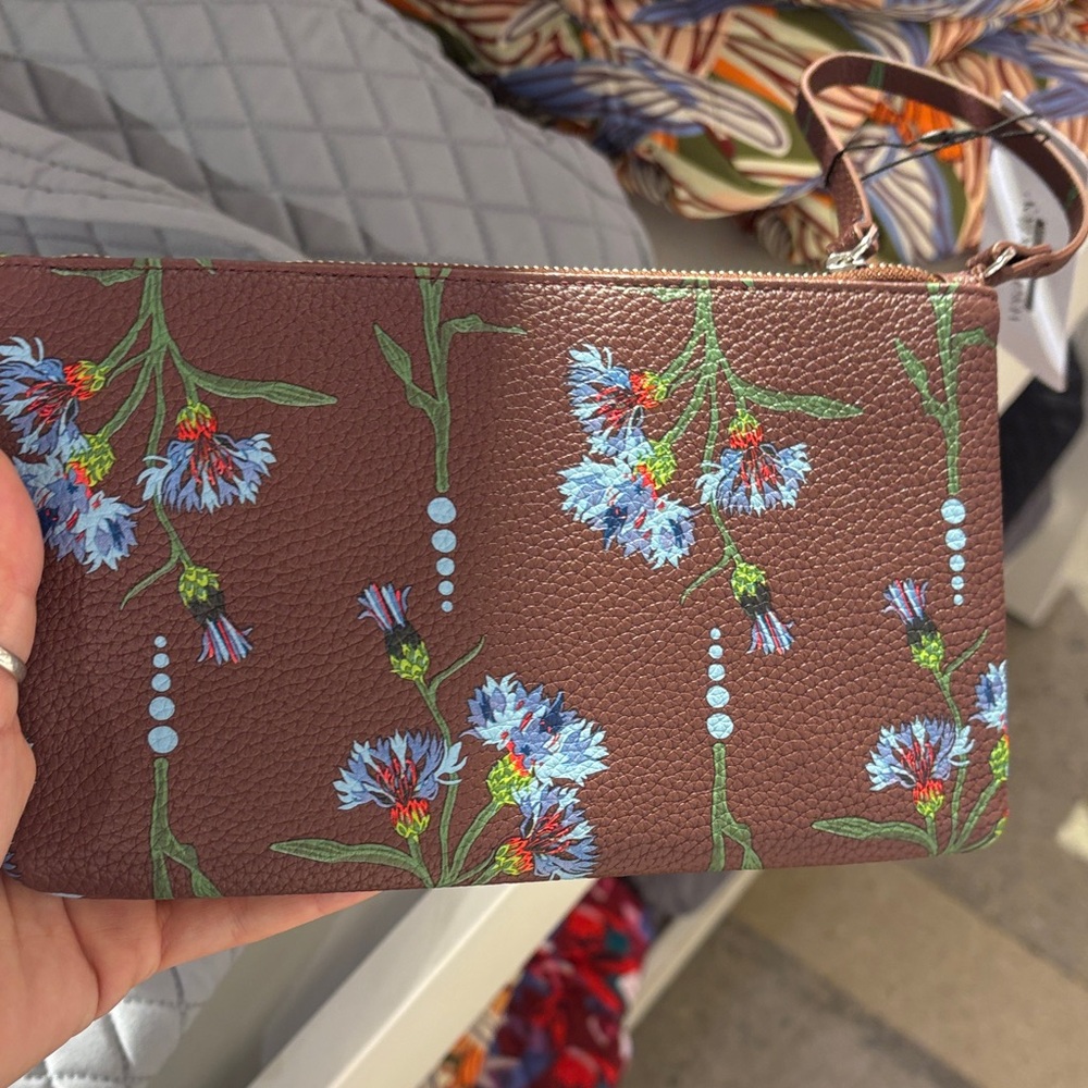 Women's Brown Floral Leather Wristlet Pouch